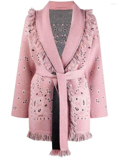 Женские трикотажные вязание Осень Зимнее дизайнер розовый цвет кашемировые кардиганы Высококачественные жаккардовые ремни для кисточки.