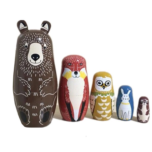 Bonecas 5pcs urso russo Matryoshka feita à mão Basswood Nesting Set Toys Home Decor 230822