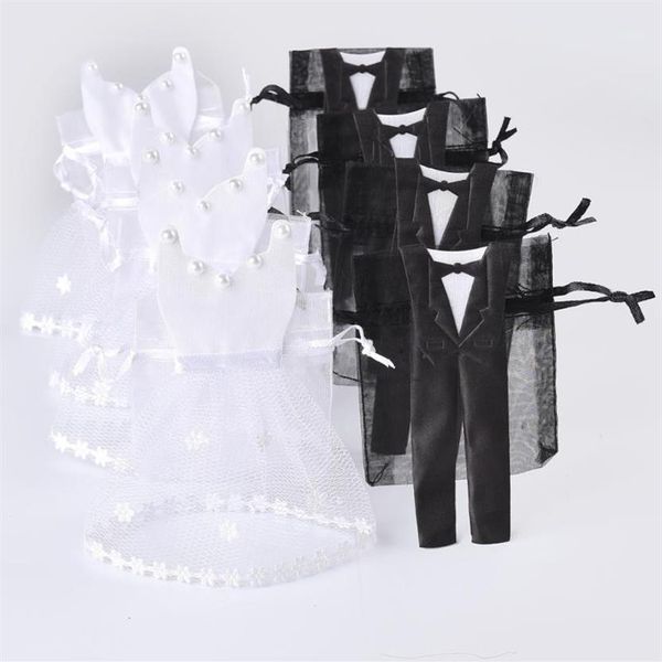 Ganze 50 Sets Organza -Kordel -Süßwarenbeutel 25 Tuxedo 25 Kleiderbraut Bräutigam Hochzeit Geschenke Party Geschenktüte WB061254J