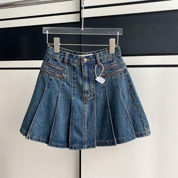 Юбки дизайн чувства чувствительности ниша девушка ретро джинсовая короткая юбка Женская A-Line Summer Student маленькая плиссированная 2023 хлопок