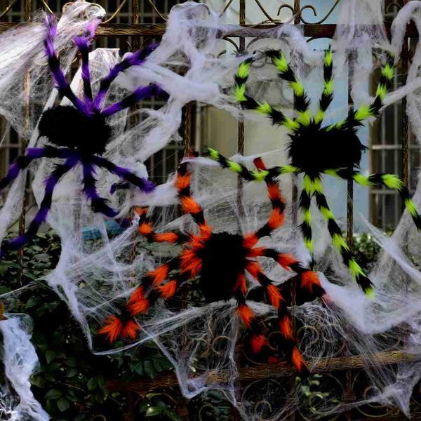 Andere festliche Partyversorgungen Black Spider Plüsch Spider Halloween gruseliger Schwarzer Spinnennetz Spiderweb Halloween Party Requisite Dekor Haunted House Home Dekorationen L0823