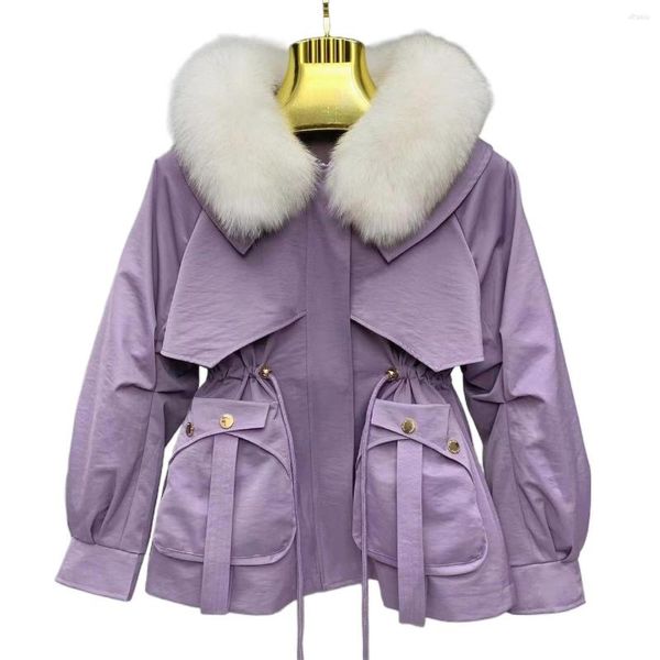 Pelliccia femminile 2023 Fashion Women Women Purple Parkas Corea Giacche calde rimovibili Rex Collar vera cappotto wadded