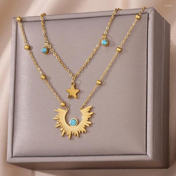 Colares de pingentes de aço inoxidável estrela solar solo azul de olhos azuis para mulheres 2023 colorido dourado multicamada Chain Jewelry Gifts Gifts