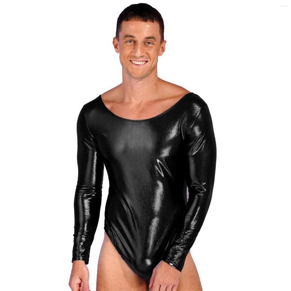 Bühne Wear Herren Ballett Danz Gymnastik Langarm Langarm Langarm Shiny Patent Leder Bodysuit Rave Party Nachtclub Stange Tanzkleidung Clubwear