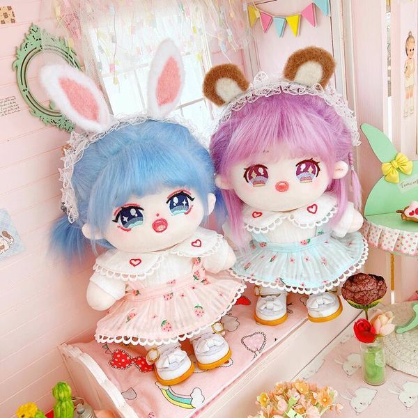 Dolls de pelúcia de 20 cm roupas de boneca vestido de morango Rabbit Ear traje Acessórios para a Coréia KPOP EXO Cotton Idol Presente DIY Toys 230823