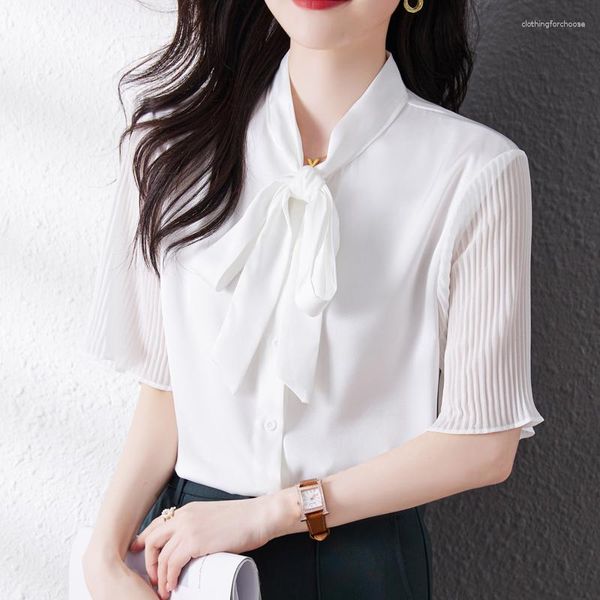 Camicette femminile Fashion Blusing Bloge Elegant White Bow Lace-Up Single Shorte Shorte Short Top Summer 2023 Office Lady Shirts Formal