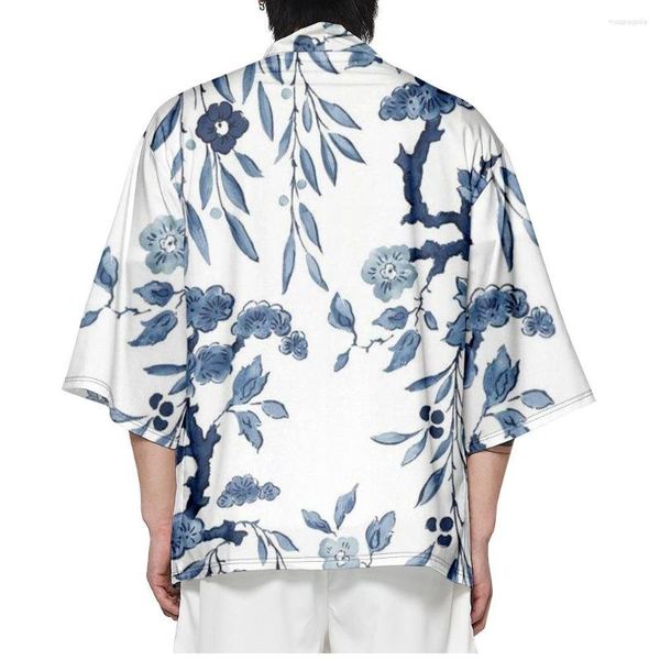 Этническая одежда пляж юката азиатская одежда модная цветочная принт белая уличная одежда Haori мужчины, кардиган японский косплей кимоно