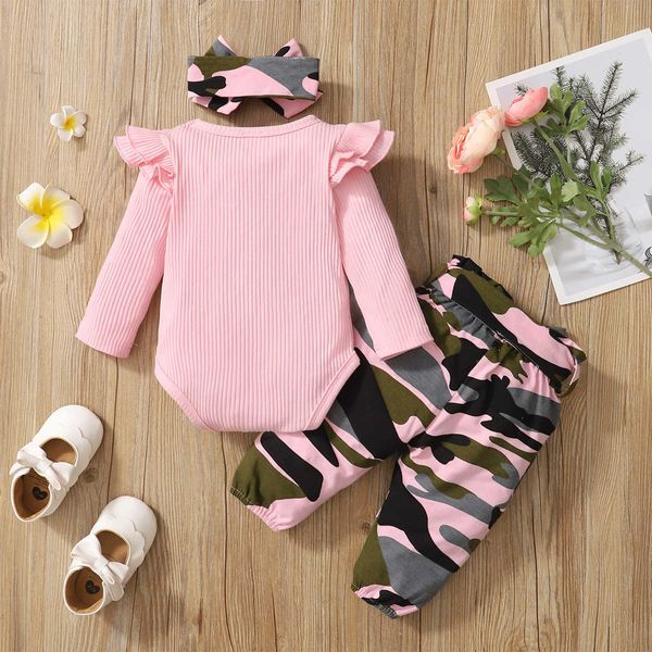 Conjuntos de roupas meses bebê recém-nascido menina conjunto infantil menina manga longa bodysuit camuflagem calças bandana roupas de algodão terno