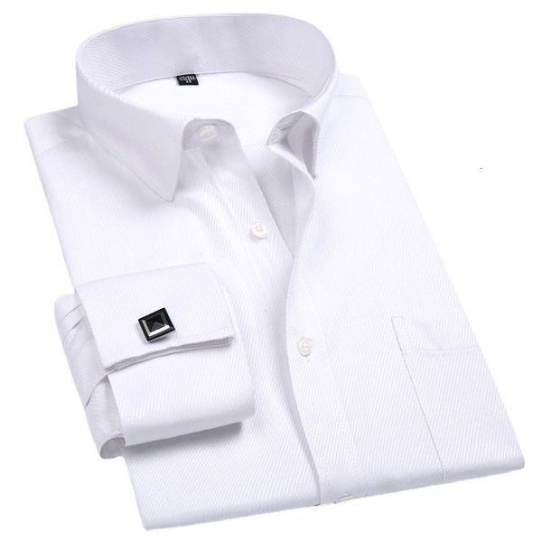 Camisas casuais masculinas 2023 Men Mangueado Francês Camisa de punho Botões brancos de manga longa Marca masculina Roupas de ajuste regular 230822