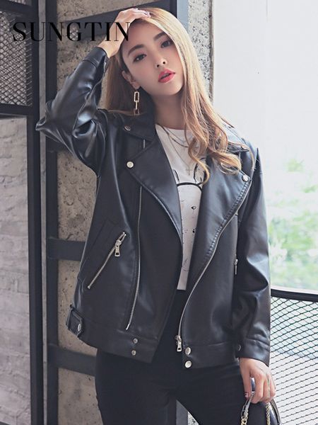 Womens Leather Faux Sungtin Spring Autumn PU Jacket Women Loose Coat Ladies Casual Brand Zipper Motorcycle Biker Outerwear Female 230822