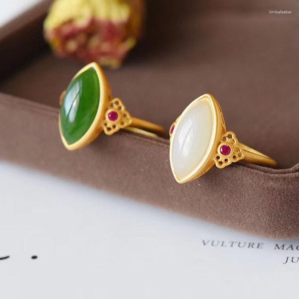 Anéis de casamento Um anel de boca aberta jade Branco S925 Silver Inclaid Gold Bated Ancient Polished Craft Chinese Jewelry