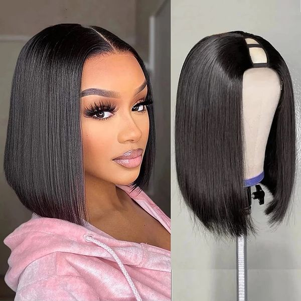 Прямой короткий боб U Part Human Hair Wigs для женщин U формирует бразильские человеческие волосы, бесцветные парики 220%, бесцветный парик