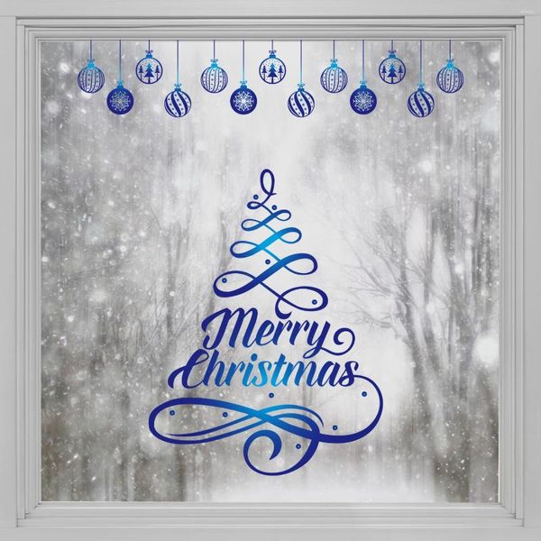 Fensteraufkleber Kizcozy Blue Painting Frohe Weihnachtsbaum mit Bells dekorativen Film für Wohnzimmer Buntglas wasserdicht