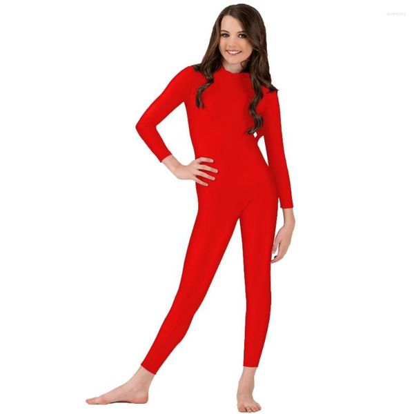 Bühnenbekleidung ovigile rote Mädchen Spandex hoher Nacken Langarm Unitard Kids Mock Full Body Dance Black Catsuits für Jungen Gymnastik