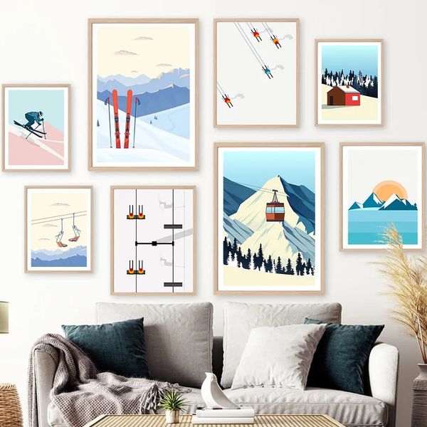 Canvas pintando snowboard vintage arte de parede de snowboard minimalista de esqui países de montanha de neve e impressões imagens de parede para decoração de quarto da sala wo6
