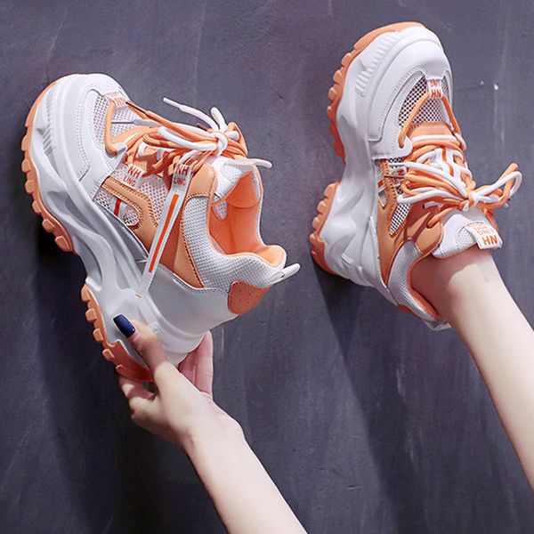 Elbise Ayakkabı Nefes Alabilir Mesh Platform Spor Sneaker Sonbahar Karışımı Renk Gizli Topuklu Kadın Tehlikeli Tehlike Kalın Alt Dip Vulcanize 230823