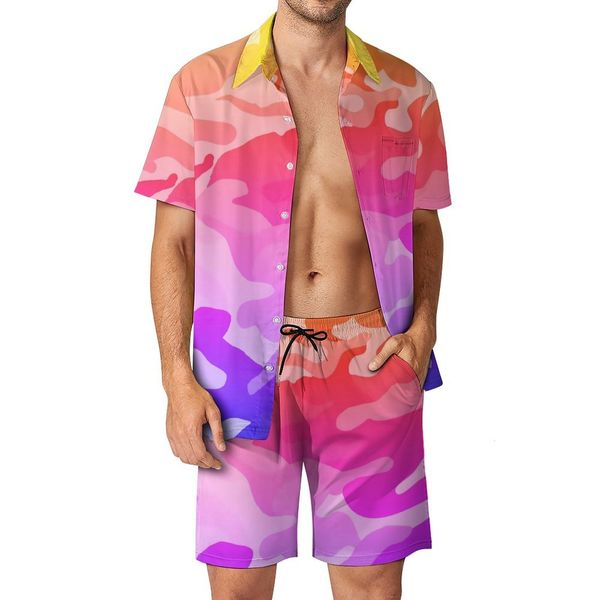 Мужские спортивные костюмы Camo Print Men Set Set Pink Camouflage Casual Stel Set Hawaii Scheachwear Шорты Летний графический костюм двойной костюм плюс размер 230822