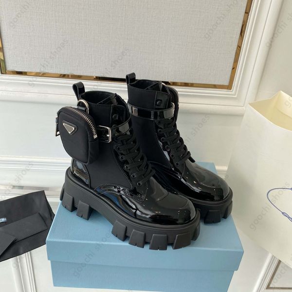 scarpe di lusso designer boot allaccia su tacchi a blocchi di punta rotonda con bottini piatti in pelle bianca in pelle in pelle nylon boot da combattimento stivali da combattimento cune