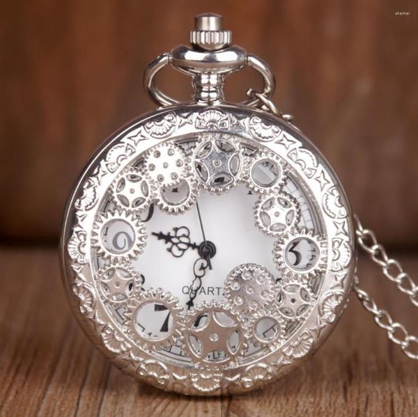 Pocket Uhren Antique Silver Quartz Watch Vintage Gear Hollow Halskette Anhänger Unisex Uhr mit FOB -Kette Frauen Männer Geschenke CF1091