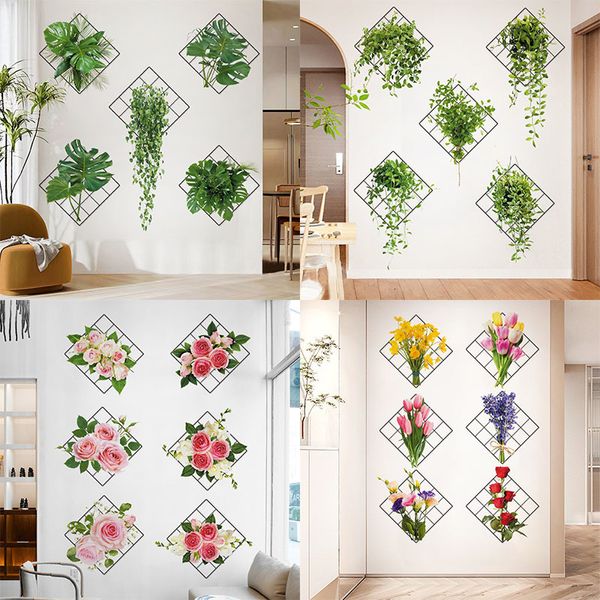 Adesivos de parede 3d vinil bonsai verde tropical planta rosa tulipa papel de parede de telha moderna adesiva mural decoração 230822