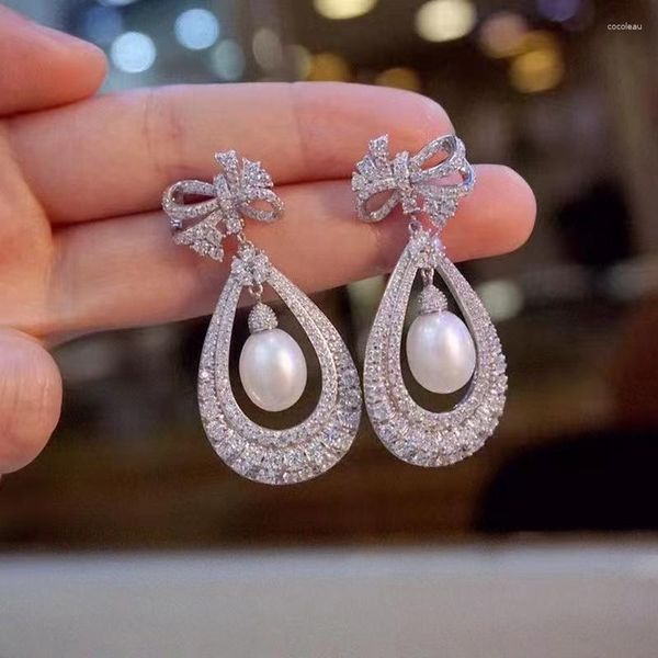 Brincos de garanhão jóias de luxo pérolas de água doce natural para mulheres decoração fina 925sterling prata com zircão cúbico