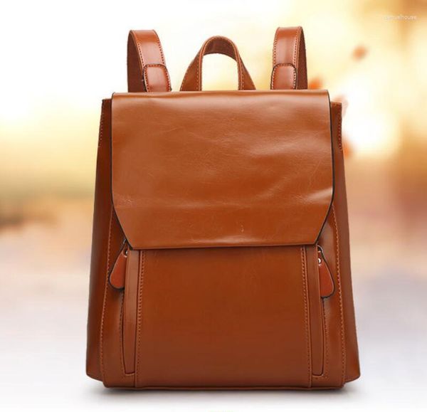 Schultaschen 2023 Ölwachs -Leder -Rucksack für Frauen vielseitige Persönlichkeit Retro Einfacher Freizeitreisen mit großer Kapazität