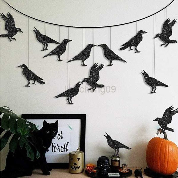 Decoração de festa 32pcs glitter corvo preto corvo raven band halloween penduramento papel de pássaro bandeira sinalizadores de guirlanda crianças felizes decorações de festas de halloween l0823