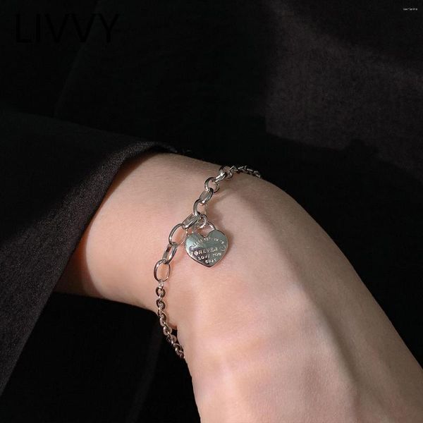Bracelets de link Livvy Moda Girls Silver Cor Love Heart Lock Bracelet Design Letra Charms Jóias para mulheres Presentes
