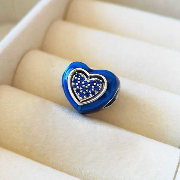 925 Sterling Silver Blue Blue Spinnable Heart Charme Perle Passt europäischer Pandora -Schmuck -Charmarmbänder und Halsketten