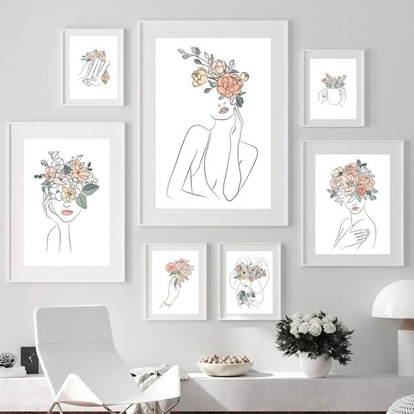 Abstract Flower Head Girl Posters e impressões Linha minimalista de tela pintando imagens de arte de parede nórdica para decoração de quarto da sala de estar wo6