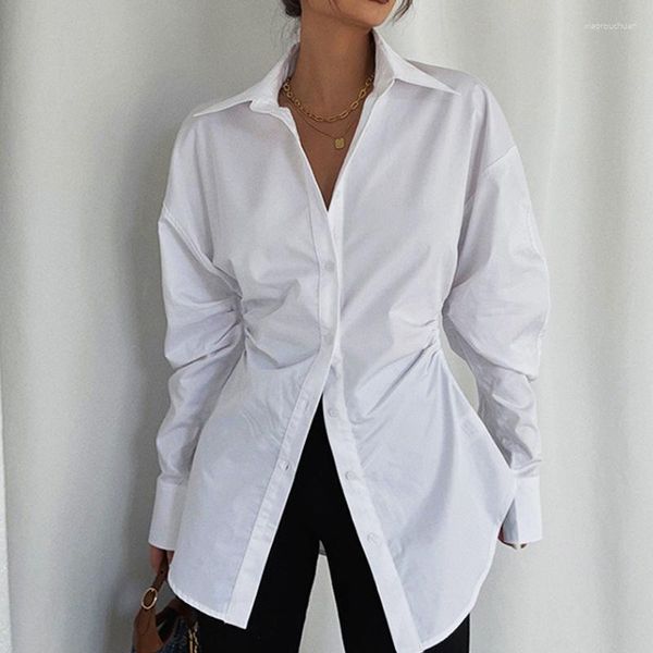 Frauenblusen 2023 Herbst Winter Frauen Langkragen Langarmhemden in eleganter Lady Slim Taille Wattebluse Shirring White Tops ab.