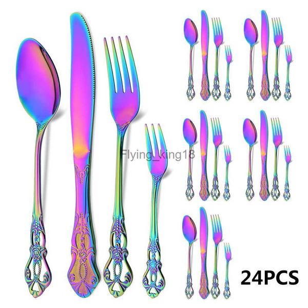 Винтаж Royal Rainbow 6/24PCS Minneware Swee Set Steel Set Spoons Fork Нож -мороженое серебристого серебряного серебра Свадебное подарка подарки HKD230812