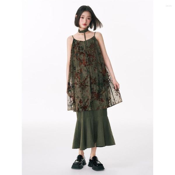 Lässige Kleider Vintage Grüne Meerjungfrau Kleid für Frauen strömen Blumenapplikationen Spaghetti -Riemen loser Vestidos Chinesischer Stil weiblicher Kleider