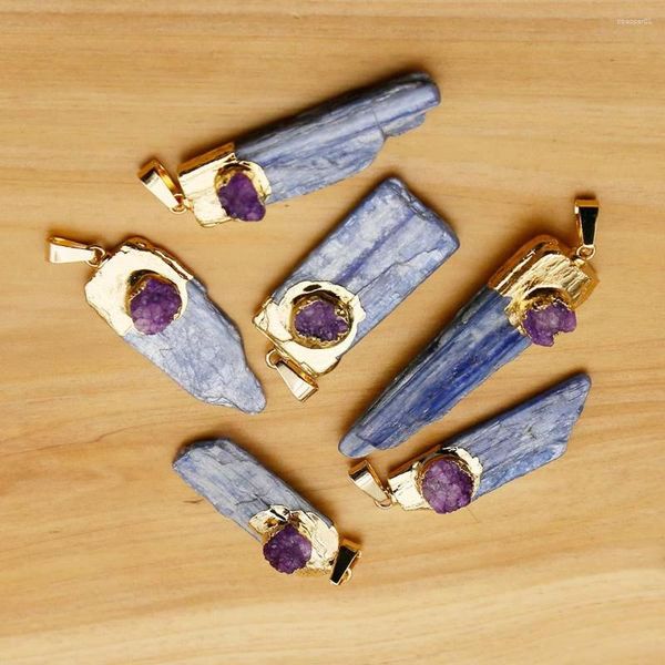 Collane a sospensione minerale grezzo pietra naturale naturale irregolare barra cristallina blu inserto viola collana collana gioielli fai -da -te all'ingrosso7pcs/lotto