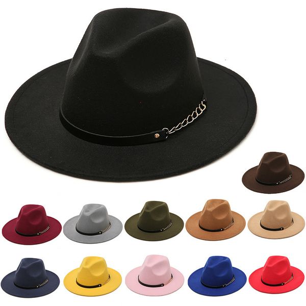 Wide Brim Hats Secket Autumn e Winter Trendy Simple Wool Feel Big Hat Men Women Chain British Style British Style British Classic Retro Jazz 1PCS 230822