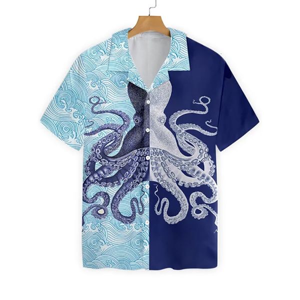 Camisas casuais masculinas Camisa de animal marinho para homens Hawaiian Shark Octopus Prip Beach Travel Top Top Grande Blusa de Manga Curta 230823