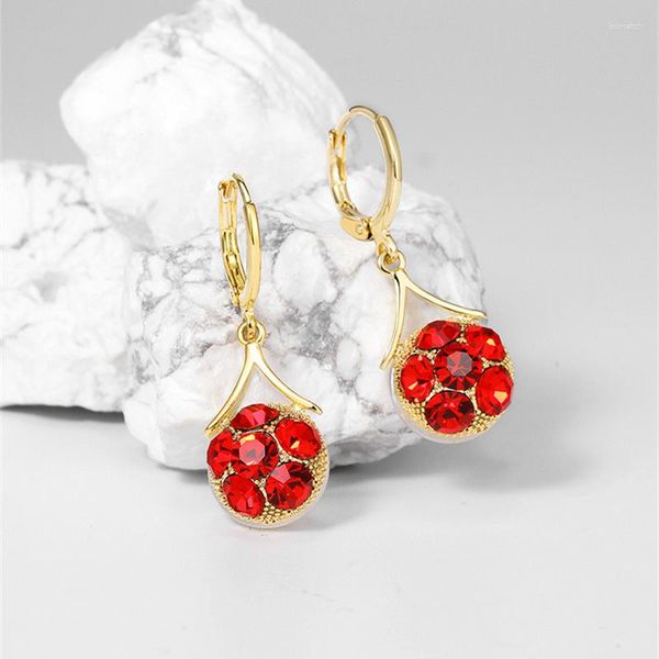 Brincos Dangle Brincos de imitação fofa Flor de pérola Red Crystal Ball Drop Brincho para mulheres Color Gold Casamento Jóias de jóias de moda