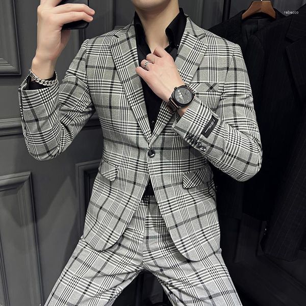 Erkek Suit 2023 İngiliz Beyefendi Korece Versiyon İnce İngiliz Stil İşi Her Şey Moda Düğün Hosting Sıradan Ekose Blazer