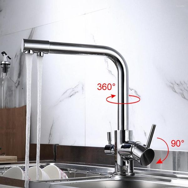 Torneiras de cozinha 360 ° giratória e água potável Tap tapas duplas misturador de tampas de bronze torneira filtrada de 3 vias com alça dupla