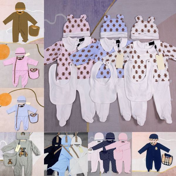 Bebek Rompers Setler Bebek Tulumları Çocuk Kıyafetleri Uzun Kollu Mektup Baskı Erkek Kız Kızlar Sonbahar Örme Yenidoğan Giysileri Çocuk Onesies Şapka Bodysuit Bebekler Kıyafet