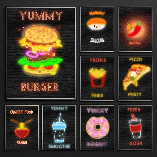 Neon Effect Burger Poster Poster Donut Sushi Fast Food Canvas Paints Prints Prints Art Picture для ресторана кухонный барь