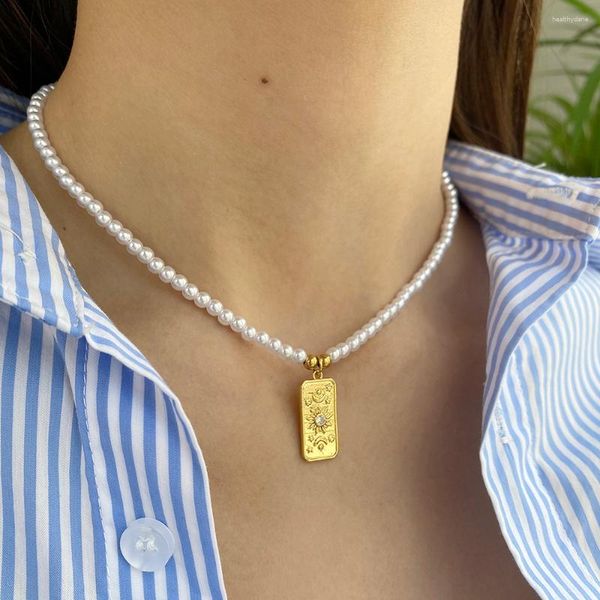 Anhänger Halsketten süße Sonnenmondstern Tag Gold Farbe Edelstahl Verschluss Imitation Perlen Halskette für Frauen Metall Charme Mode Schmuck