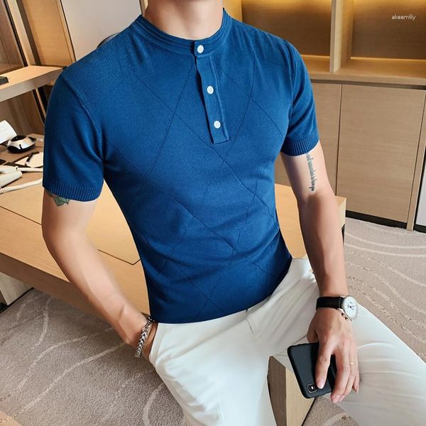 Herren Polos Männer Sommer dünne Polo-Hemd-Stand-up-Halsband Kurzärmele Britisch-Stil reine Farbe Slim Trendy Freizeit Eis Seidengestrickte T-Shirt