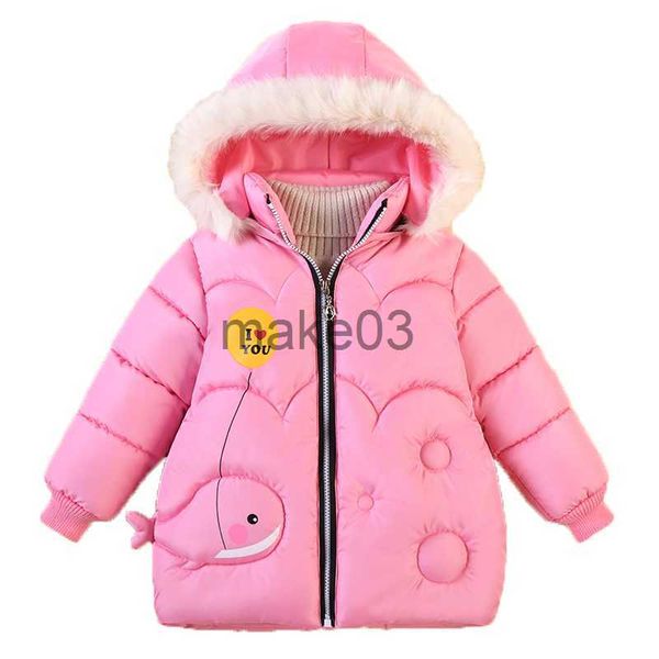 Giacche da bambina giù per cappotto 2021 bambini inverno cartoni animati in giunta di cappaccia con cappuccio con cappuccio con cerniera con zippato con zip garza da neonato j230823