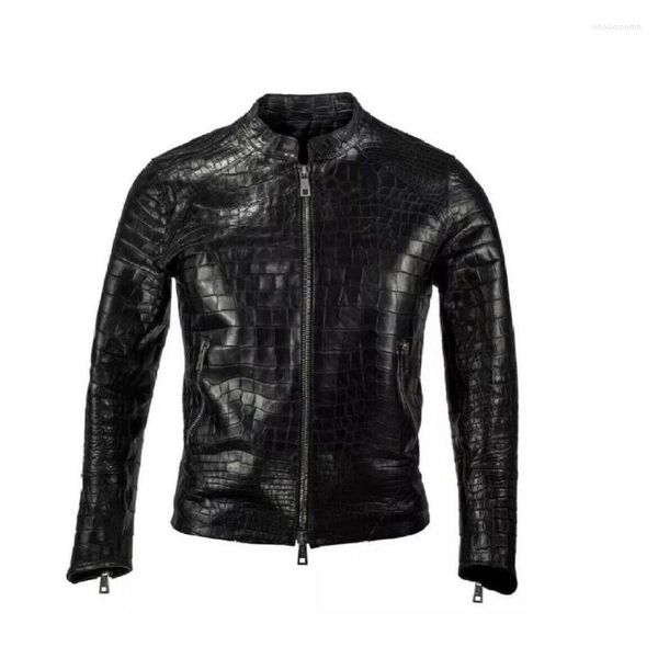 Herrenjacken Männer echtes Leder -Krokodile -Präge -Jacke Biker Motorrad Schwarz Alligator