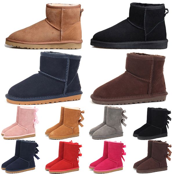 Luxurys Designer Ugges Winter Women Boots Fell flauschige Stiefel ultra minry kastanien schwarz dunkelblaue Schnee -Knöchel Ugglies Bowtie -Schnalle für Frauenschuhe über dem Knie