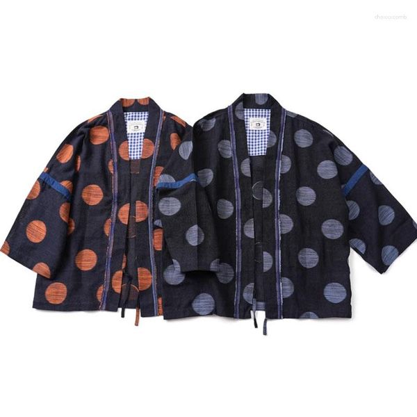 Herrenjacken japanische Retro -Baumwollwäsche Halbschlärmfarbene gewebte Polka Dot Robe Jacke Loosen Strickjacke Mantel