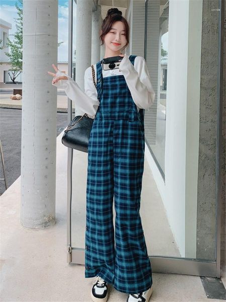 Frauenhose Vintage Blue Plaid Weitbeingurt Overalls für Frauen 2023 Spring Lose Streetwear Hip Hop Girlspraces Hosen 2235