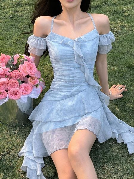 Lässige Kleider 2023 Sommer Strandstil Flroal Kleid Frau Chiffon Süße elegante Prinzessin Koreanische Mode Kurzparty Y2K Mini