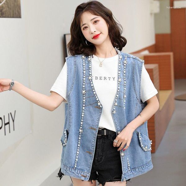 Frauenwesten High-End-Luxus-Designer-Kleidung Pearls Jeans ärmellose Jacke V-Ausschnitt Strickjacken koreanische Modemäntel Streetwear Weste Coat